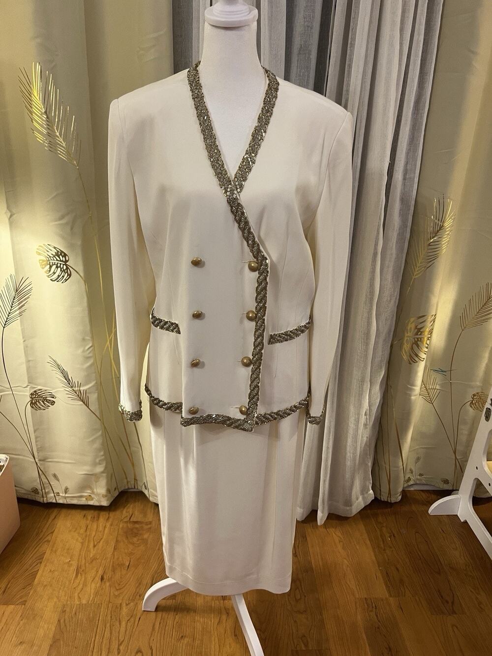 VTG D’ORE Della Roufogali Ivory Beaded Skirt Suit Maximalist 90’s Fashion 12/14